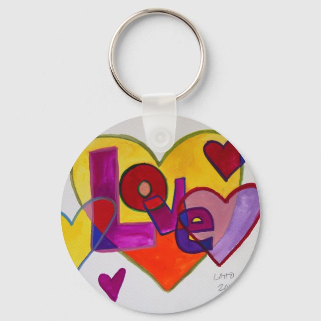 Love Patchwork Hearts Watercolor Painting Chaveiro (Frente)