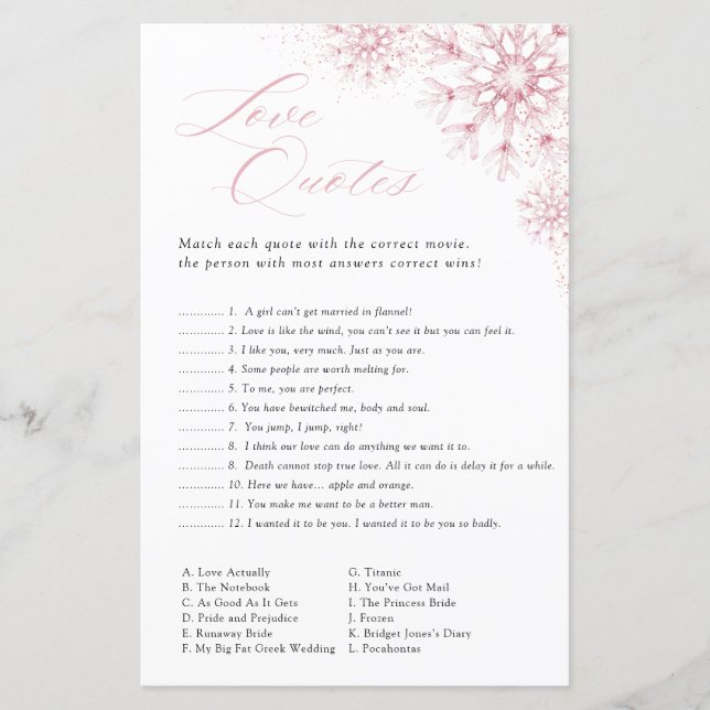 Love Quotes Game Pink Snow in Love Bridal Shower (Frente)