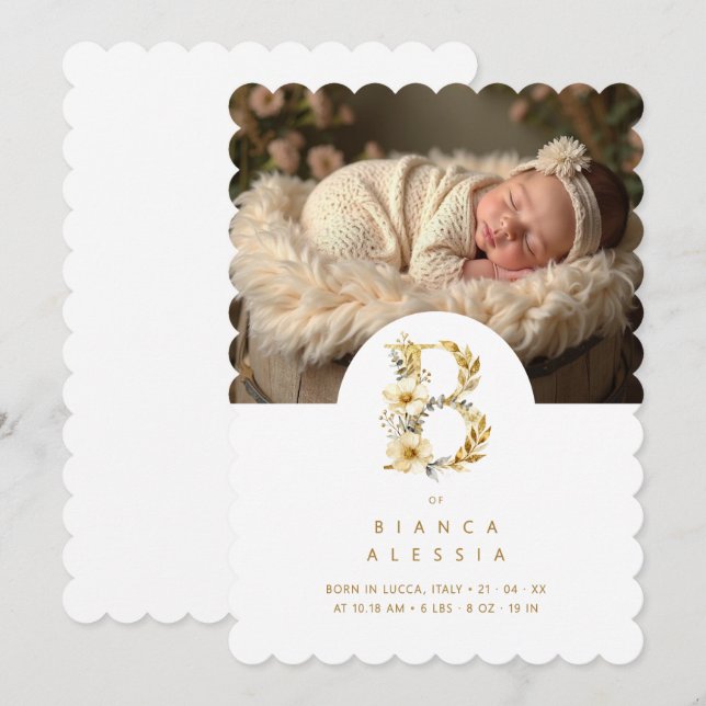 Lovely Floral B Initial Gold Glitter Newborn (Frente/Verso)