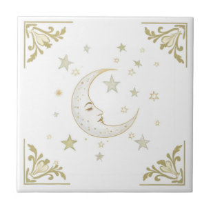 Lua Celestial com Face & Estrelas Dourado Branco D