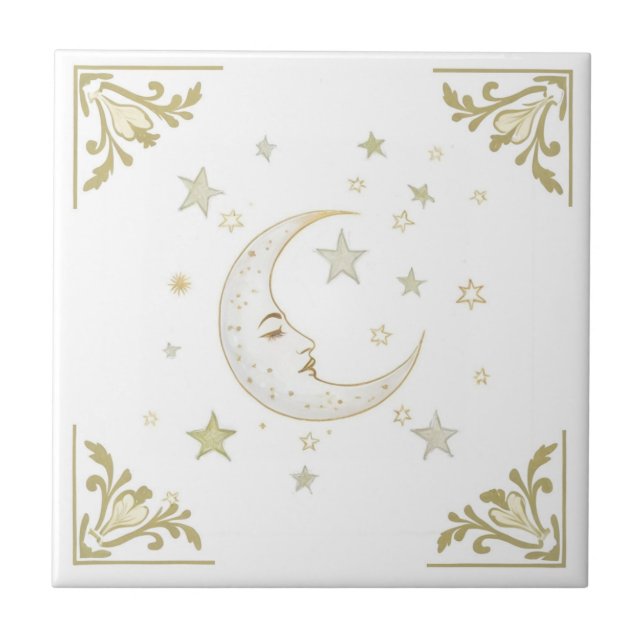 Lua Celestial com Face & Estrelas Dourado Branco D (Frente)