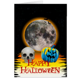 Lua cheia, crânio e abóbora azul no cartão noturno