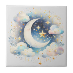 Lua Crescente Azul e Branco Celestial Boho Moderno