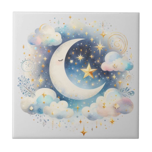 Lua Crescente Azul e Branco Celestial Boho Moderno (Frente)