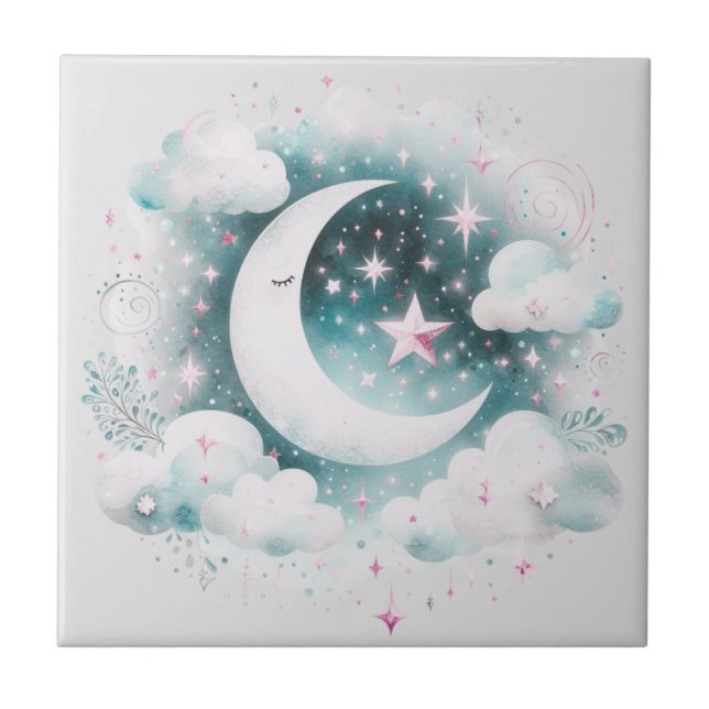 Lua Crescente Azul e Branco Celestial Boho Moderno (Frente)