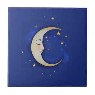Lua Crescente Celestial com Face Dourada Azul Escu