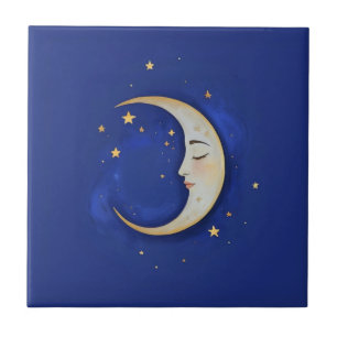 Lua Crescente Celestial com Rosto Dourado Azul Esc