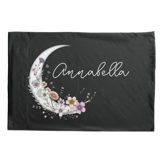 Lua Crescente Floral Nome Personalizado em Preto (Verso)