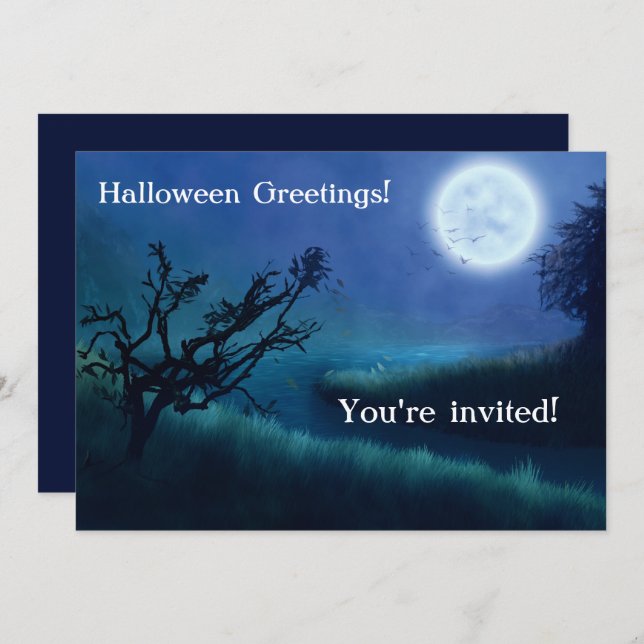 Lua de Halloween à noite em tons de azul e verde (Frente/Verso)