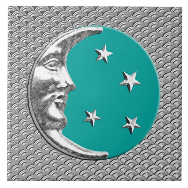 Lua e estrelas Art Déco - Turquesa & Prata (Frente)