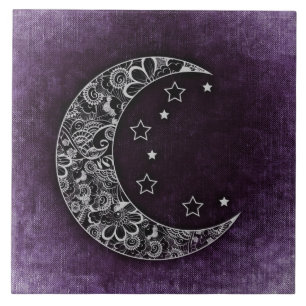 Lua e estrelas do Crescente Floral ouro em Roxo