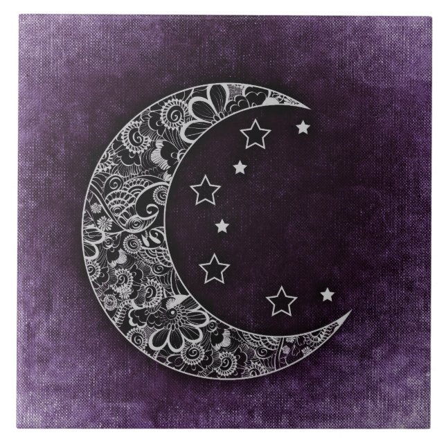 Lua e estrelas do Crescente Floral ouro em Roxo (Frente)