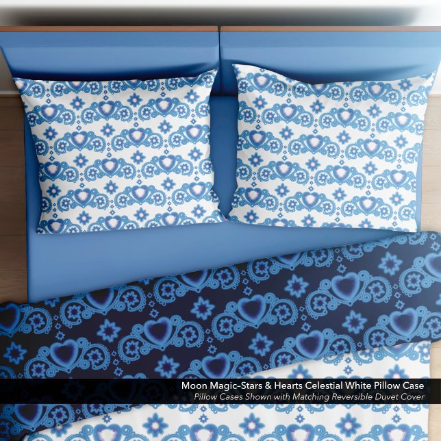 Lua Magia Estrelas Corações Branco Celestial (Moon Magic–Stars & Hearts White Pillow Case–Shown with the Matching Reversible Duvet Cover.)