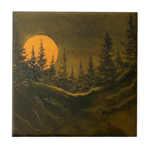Lua noturno da paisagem do país e telha dos pinho