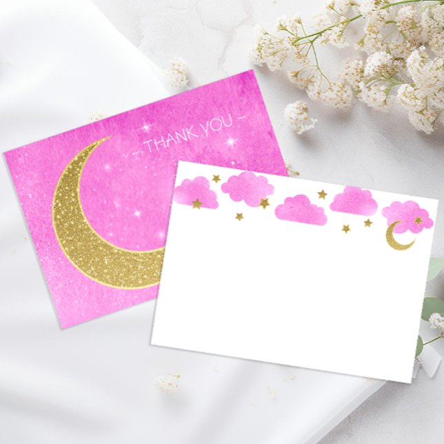 Lua rosa e estrelas Chá de fraldas Cartões de agra (Moon & Stars Thank You Note Cards)