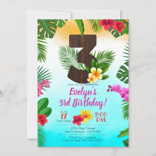 Luau Birthday, Convite para aniversário de 3 anos  (Frente)
