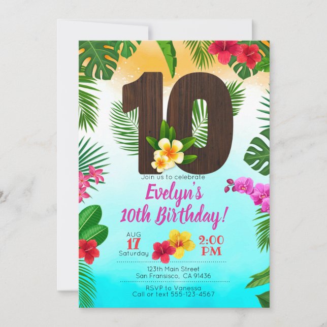 Luau Birthday, convite para o partido Luau 10º ani (Frente)