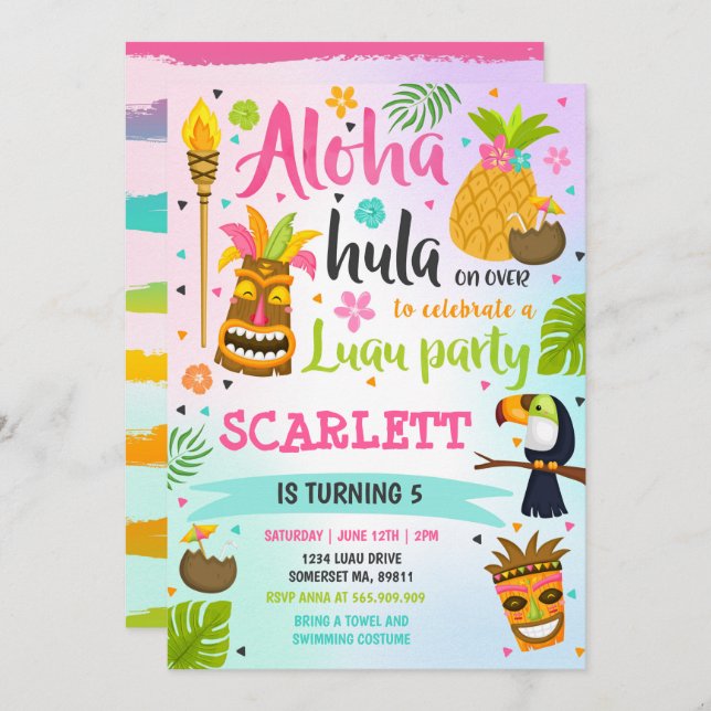 Luau Birthday - Convite para o Partido Luau Havaia (Frente/Verso)