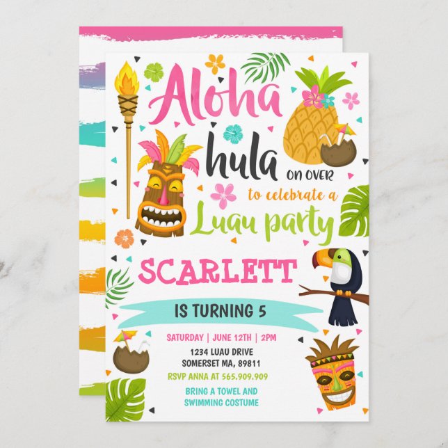 Luau Birthday - Convite para o Partido Luau Havaia (Frente/Verso)