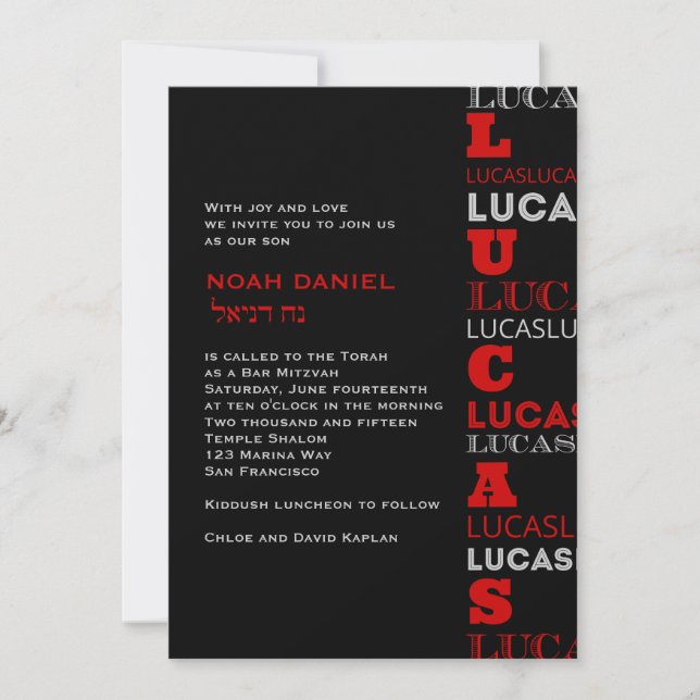 Lucas Legal Bar Moderno Mitzvah Convite Preto Verm (Frente)