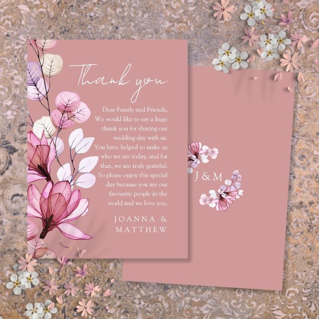 Lugar Cartão de Agradecimento de Casamento Transparente  (Transparent Floral Dusty Rose Wedding Thank You Place Card)