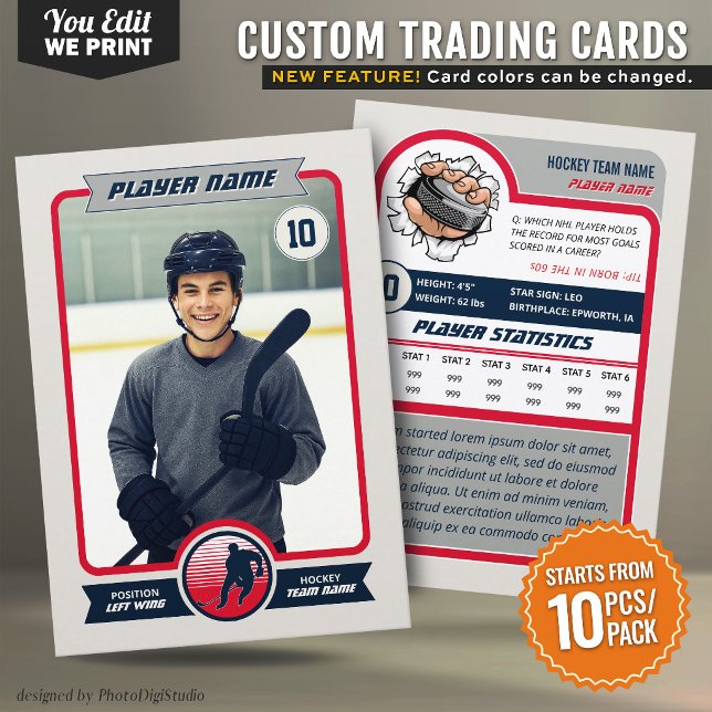 Lugar Cartão de Troca de Hóquei Personalizado Cores do T (Custom Hockey Trading Card Custom Team Colors Card - Change photo, text, and colors - 10pcs/pack)