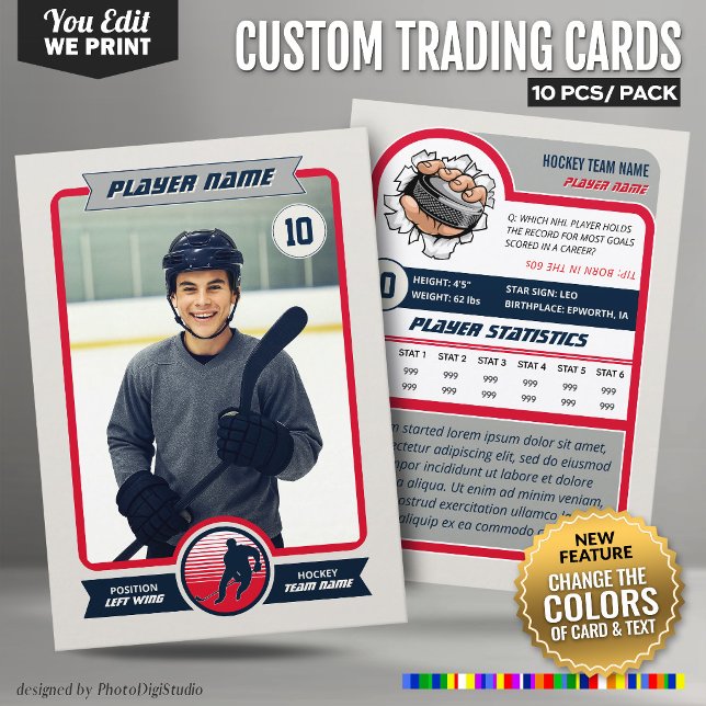Lugar Cartão de Troca de Hóquei Personalizado Cores do T (Custom Hockey Trading Card, Custom Team Colors Card - Change photo, text, and colors - 10pcs/pack)