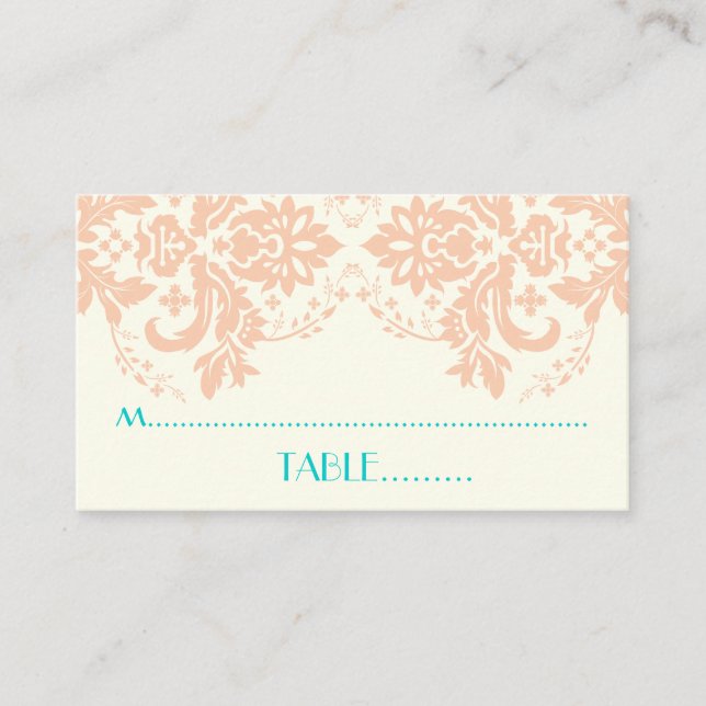 Lugar Damask motif peach, aqua, cartão de casamento de m (Frente)
