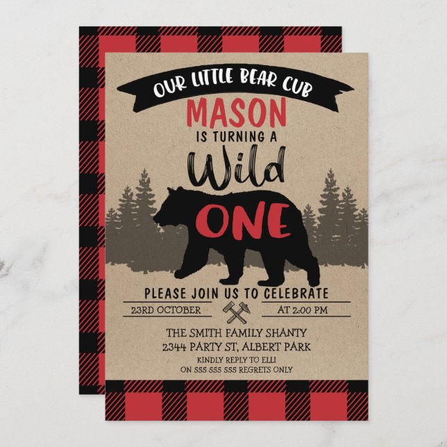 Lumberjack Bear Cub Wild Um Convite De Aniversário (Frente/Verso)