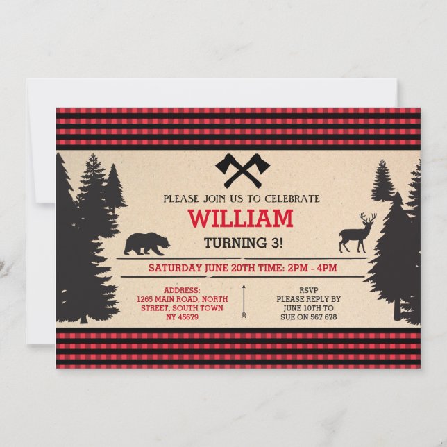 Lumberjack Birthday Convide Red Woodland Convite (Frente)