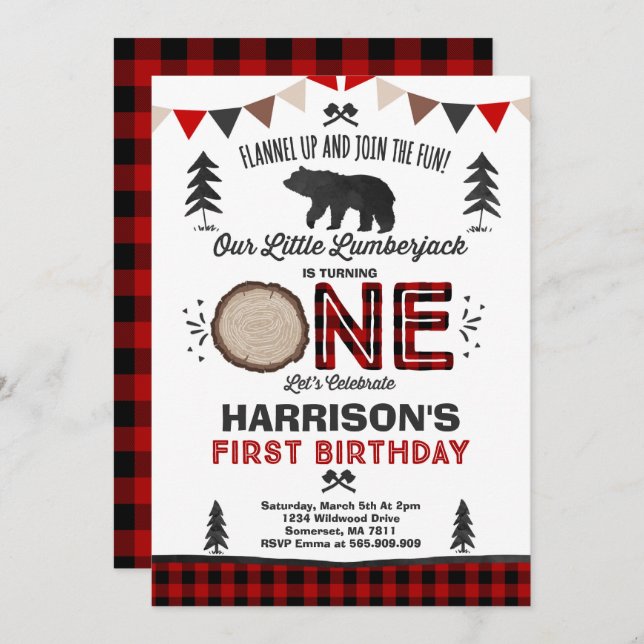 Lumberjack Birthday Convite para Festa Lumberjack (Frente/Verso)