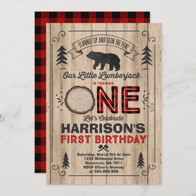 Lumberjack Birthday Convite para Festa Lumberjack (Frente/Verso)