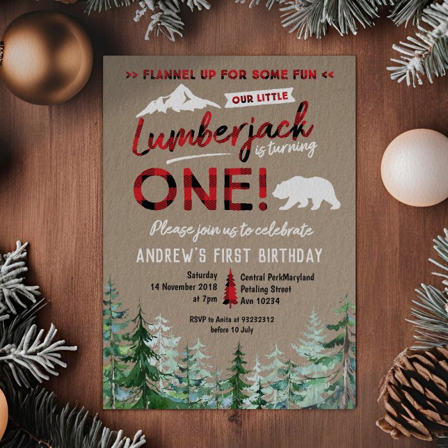 Lumberjack Primeiro Convite Birthday Woodland (Criador carregado)