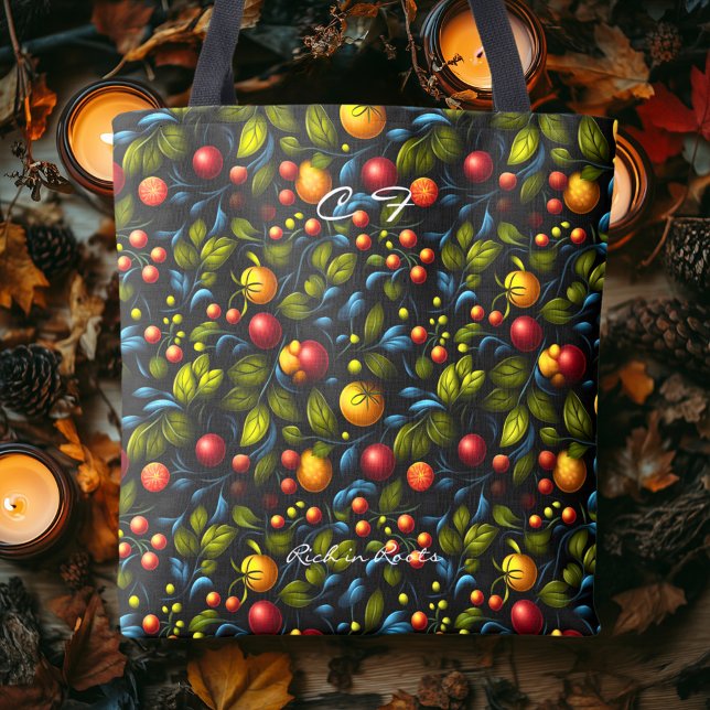 Lush Khokhloma Fruta e Floral Patterno Tote Bag (Criador carregado)