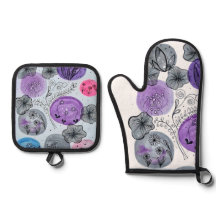 Luvas e Pote de Forno Floral em Aquarela Roxo Artí