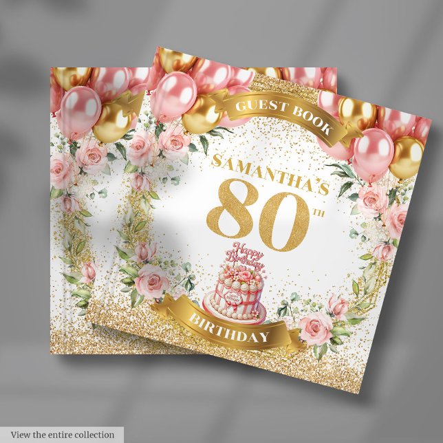 Luxe 80 Livro de Aniversário Rosa Florestas Dourad (Luxe 80th Birthday Guest Book Pink Gold Florals)
