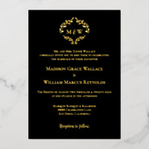 Luxe Elegant Crest Wedding Monogram Black Gold  