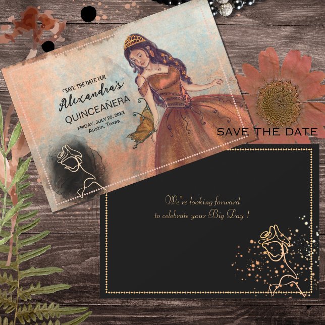 Luxe Metálico Cobre Convite de Quince Anos Save th (Elegant Vintage Copper Rose Quinceañera Save The Date)