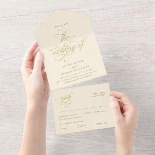 Luxo Casamento Elegante Caligrafia Creme e Dourado