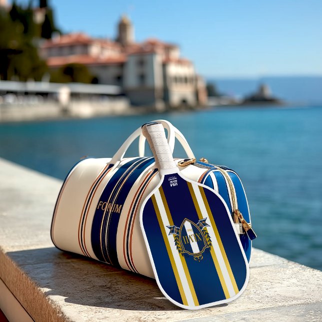 Luxo em Azul Real e Monograma Branco (Elegant Royal Blue and White Striped Monogram Pickleball Paddle )