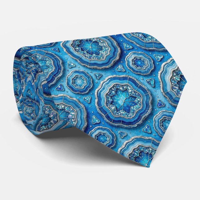 Luxo em Falso Seda | Gravata Oceano Azul Geodo (Rolled)