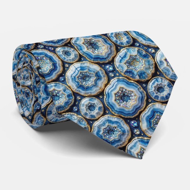 Luxo em Falso Seda | Gravata Oceano Azul Geodo (Rolled)
