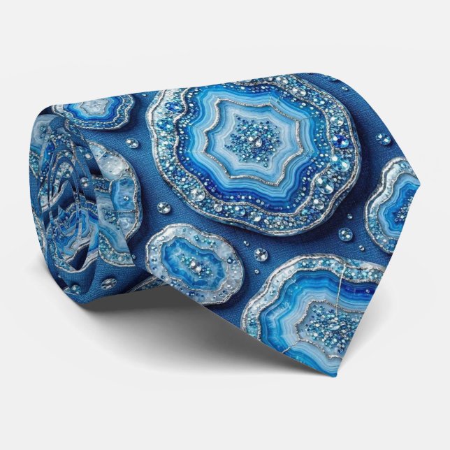 Luxo em Falso Seda | Gravata Oceano Azul Geodo (Rolled)