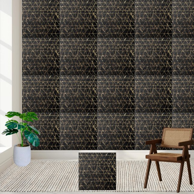 Luxo Moderno Dourado Glitter Preto Geométrico Únic (Geometric Black Gold Glitter Unique Modern Luxury Ceramic Tile)
