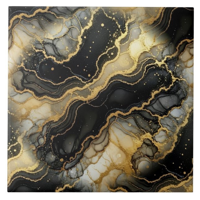 Luxo Preto, Branco e Dourado Mármore Tinta Álcool (Frente)