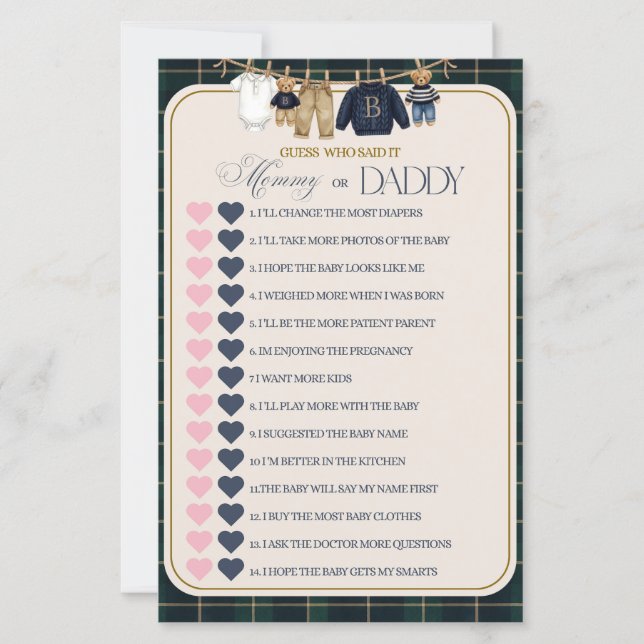 Luxsary Teddy Bear Plaid Baby Shower Game (Frente)