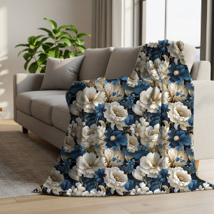 Luxuosa Cobertor Sherpa Macia Floral Azul Branco M