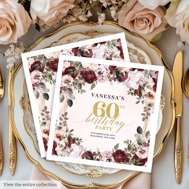 Luxuosas Rosas Douradas Borgonha Boho Guardanapos  (Luxury Burgundy Gold Roses Boho 60th Napkins)