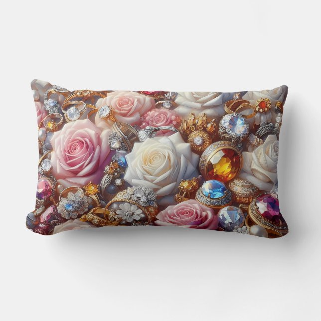 Luxuosas Rosas e Jóias Almofada Lombar (Frente)