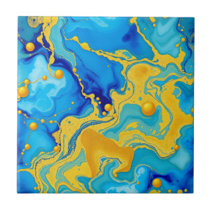 Luxuoso Azul e Dourado Abstrato de Tinta Alcoólica